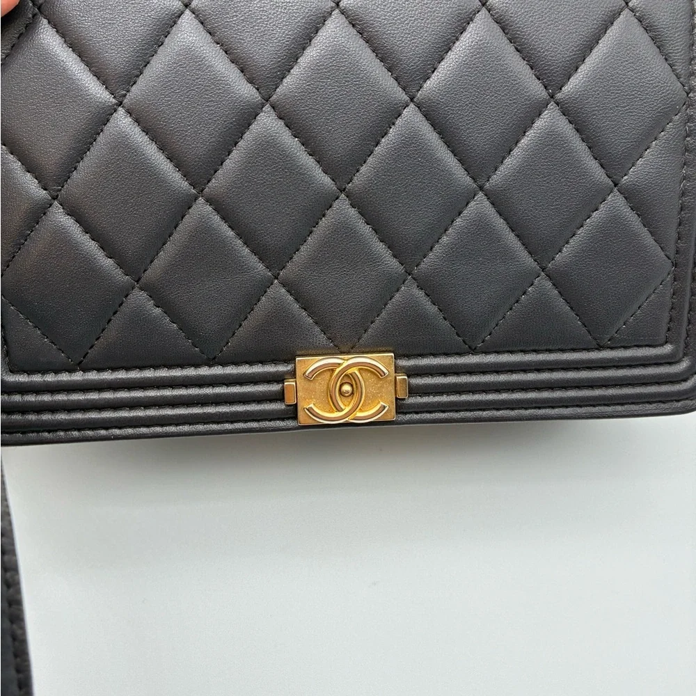Chanel Quilted Dark Grey Le Boy Wallet WOC Lambskin Leather Crossbody bag
